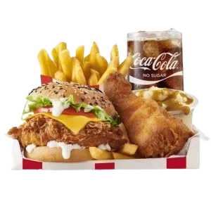 Reg Fully Loaded Box Meal With Colonel Burger and No-Sugar Soda Fountain Drink