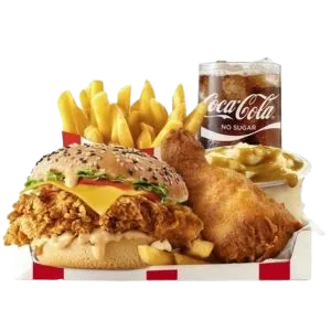Reg Fully Loaded Box Meal With Zinger Burger and No-Sugar Soda Fountain Drink